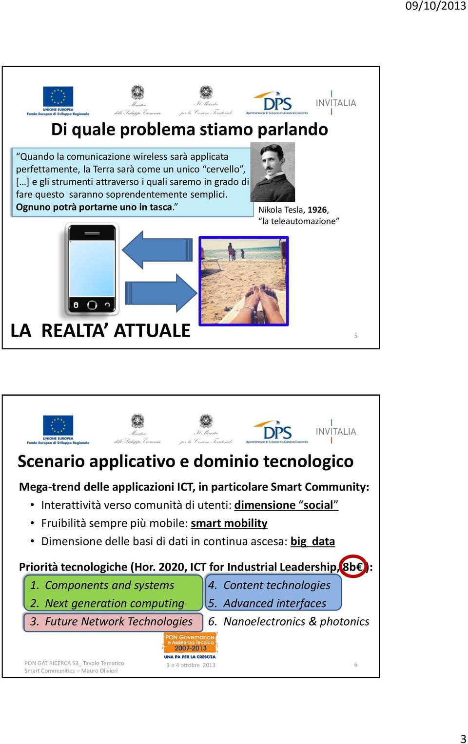 Nikola Tesla, 1926, la teleautomazione LA REALTA ATTUALE 5 Scenario applicativo e dominio tecnologico Mega-trend delle applicazioni ICT, in particolare Smart Community: Interattività verso comunità