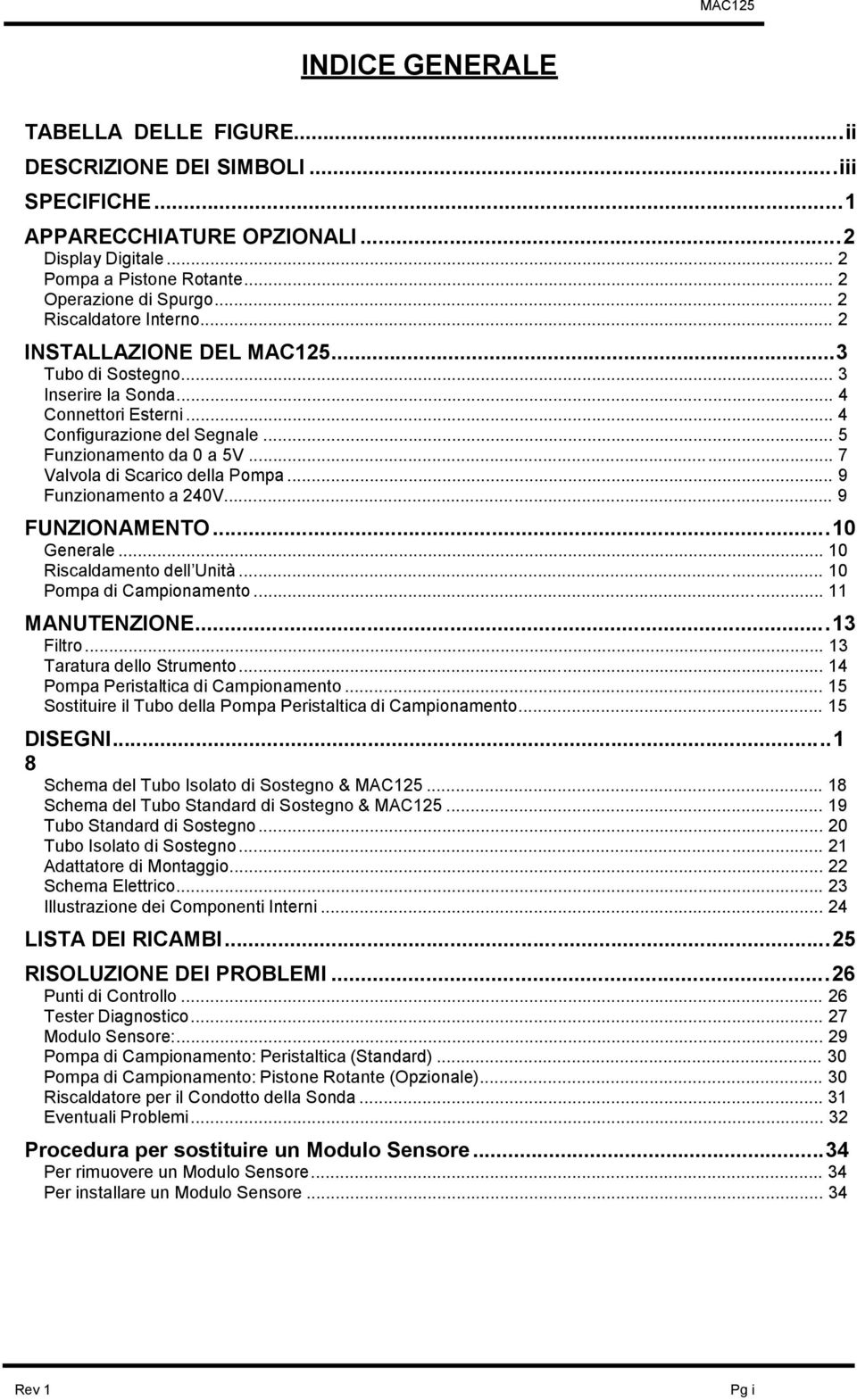 .. 7 Valvola di Scarico della Pompa... 9 Funzionamento a 240V... 9 FUNZIONAMENTO...10 Generale... 10 Riscaldamento dell Unità... 10 Pompa di Campionamento... 11 MANUTENZIONE...13 Filtro.