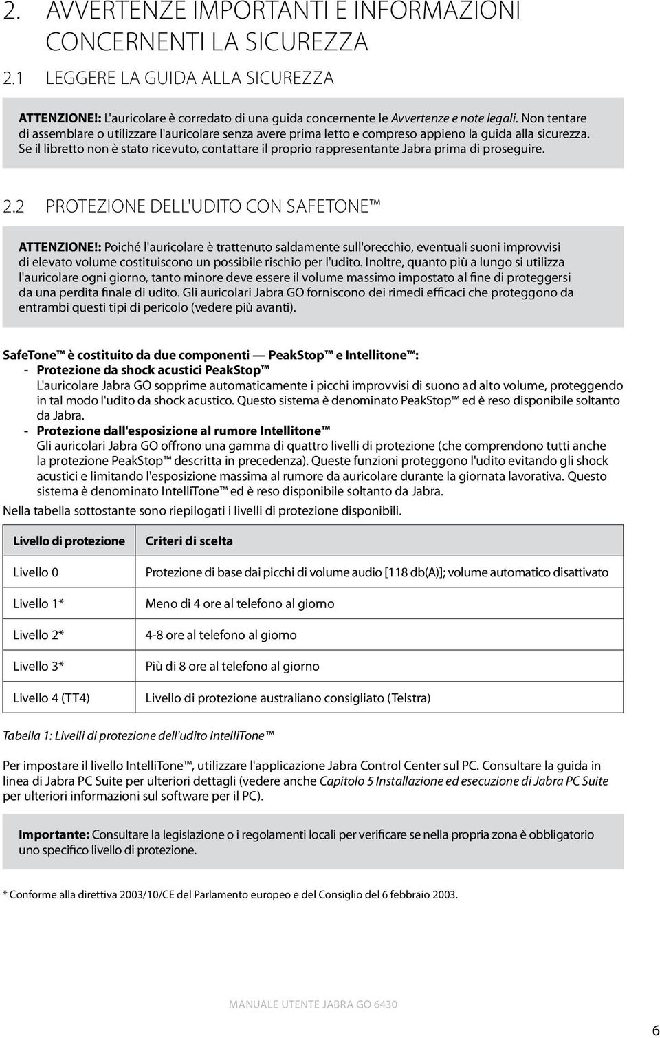 Se il libretto non è stato ricevuto, contattare il proprio rappresentante Jabra prima di proseguire. 2.2 Protezione dell'udito con SafeTone ATTENZIONE!