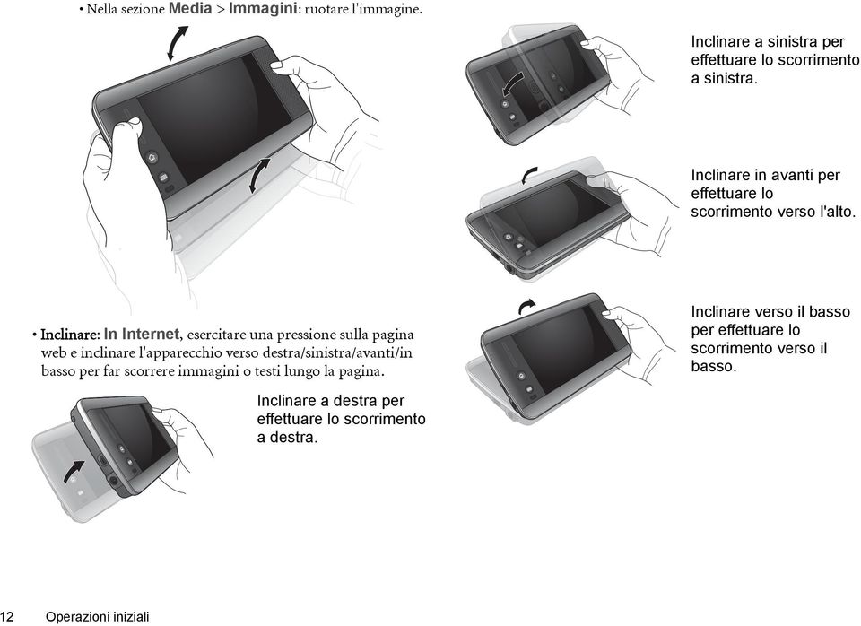 Inclinare: In Internet, esercitare una pressione sulla pagina web e inclinare l'apparecchio verso destra/sinistra/avanti/in
