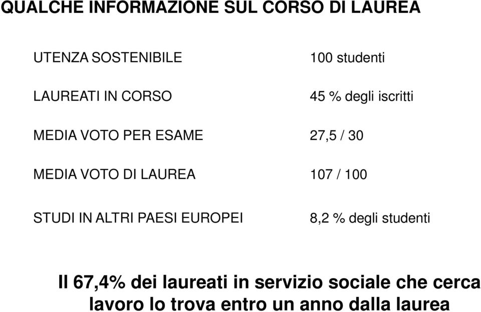 LAUREA 107 / 100 STUDI IN ALTRI PAESI EUROPEI 8,2 % degli studenti Il 67,4% dei