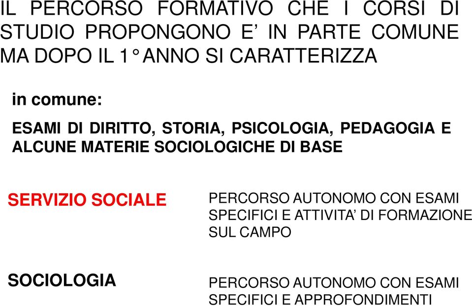 MATERIE SOCIOLOGICHE DI BASE SERVIZIO SOCIALE PERCORSO AUTONOMO CON ESAMI SPECIFICI E