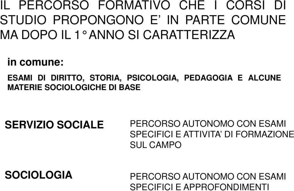 MATERIE SOCIOLOGICHE DI BASE SERVIZIO SOCIALE PERCORSO AUTONOMO CON ESAMI SPECIFICI E