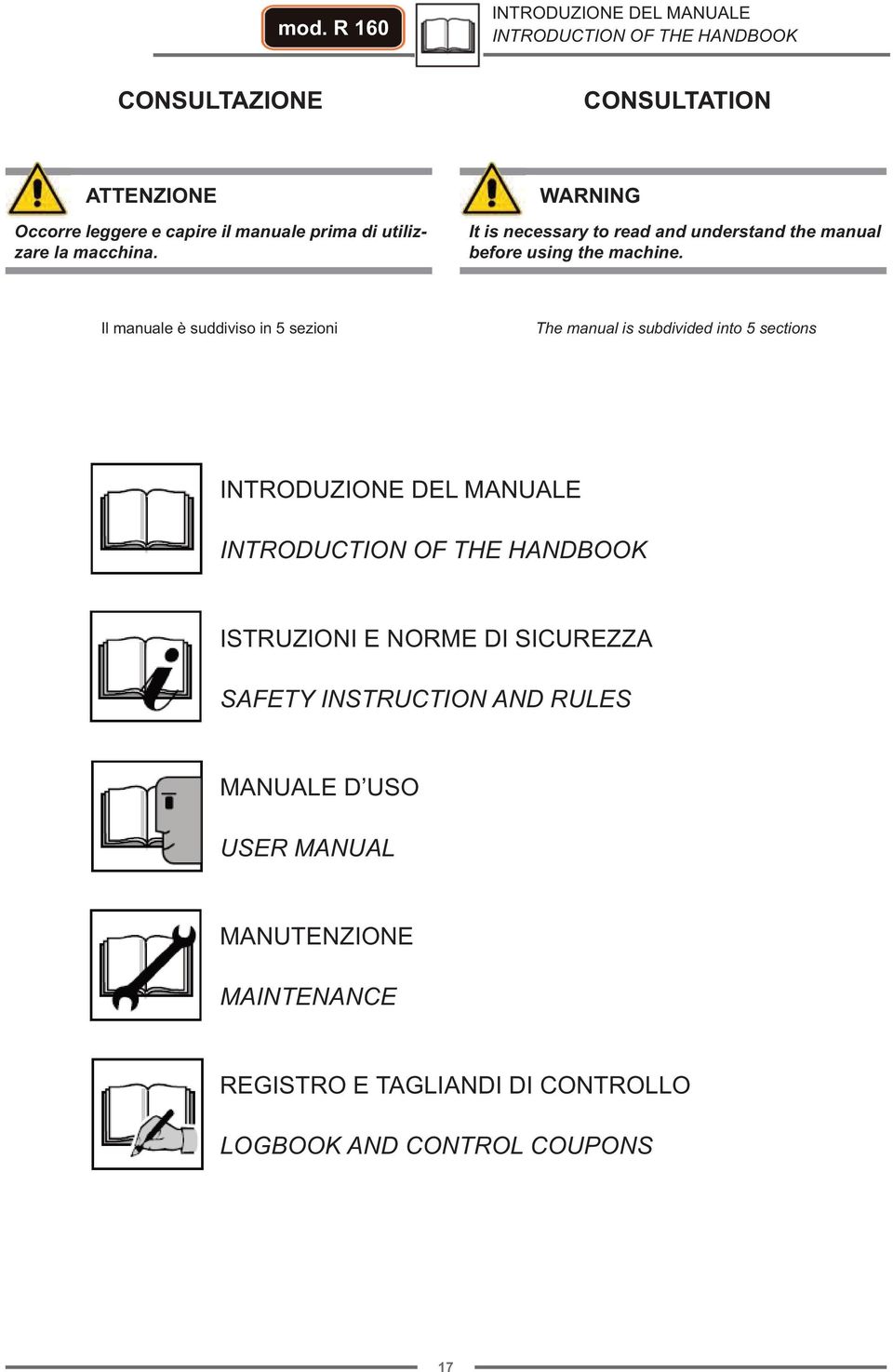 Il manuale è suddiviso in 5 sezioni The manual is subdivided into 5 sections INTRODUZIONE DEL MANUALE INTRODUCTION OF THE HANDBOOK