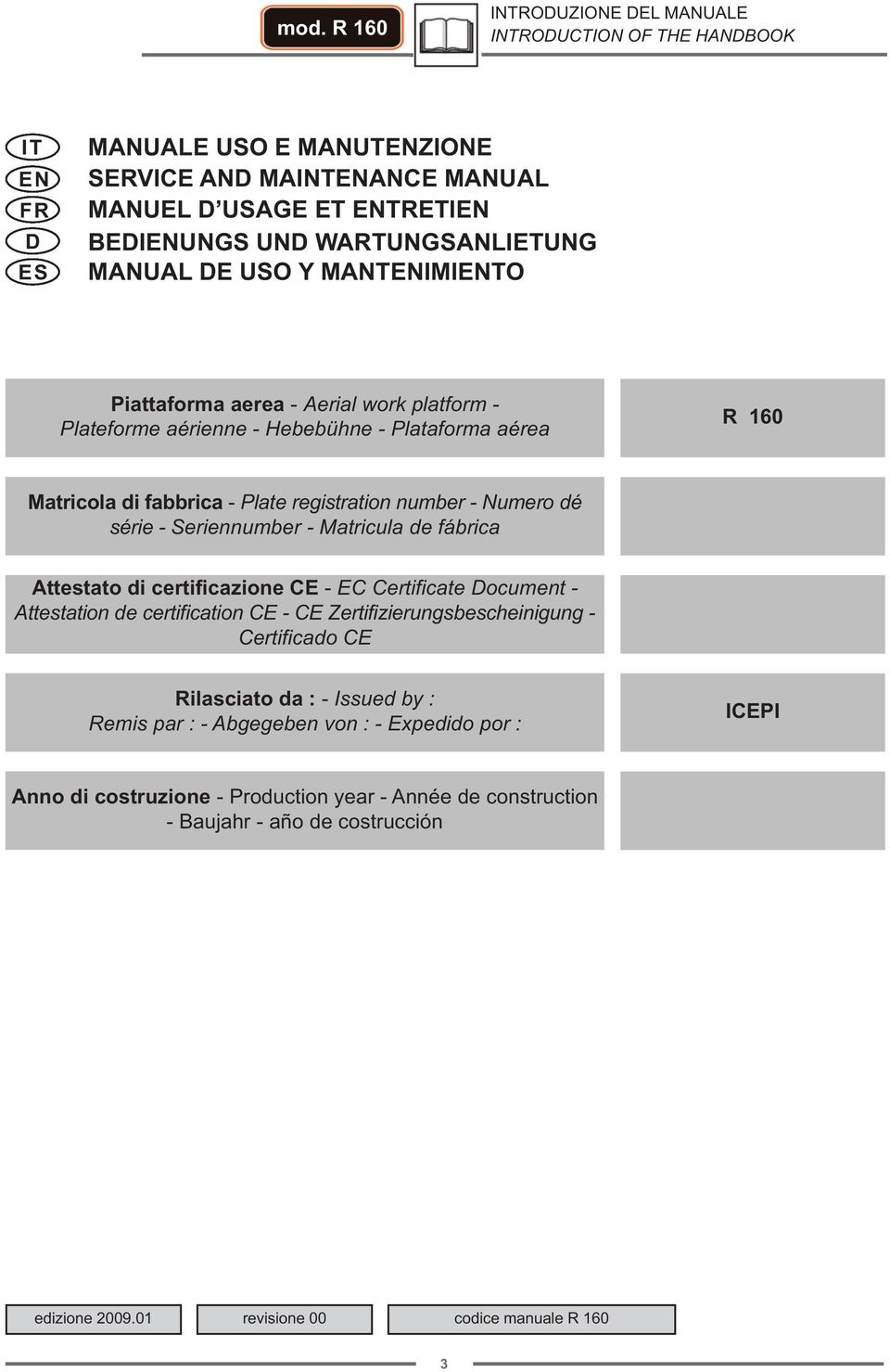 Seriennumber - Matricula de fábrica Attestato di certificazione CE - EC Certificate Document - Attestation de certification CE - CE Zertifizierungsbescheinigung - Certificado CE Rilasciato da : -