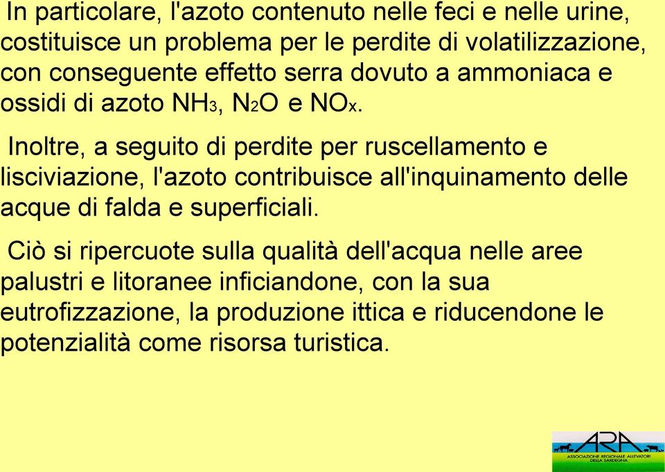 Inoltre, a seguito di perdite per ruscellamento e lisciviazione, l'azoto contribuisce all'inquinamento delle acque di falda e