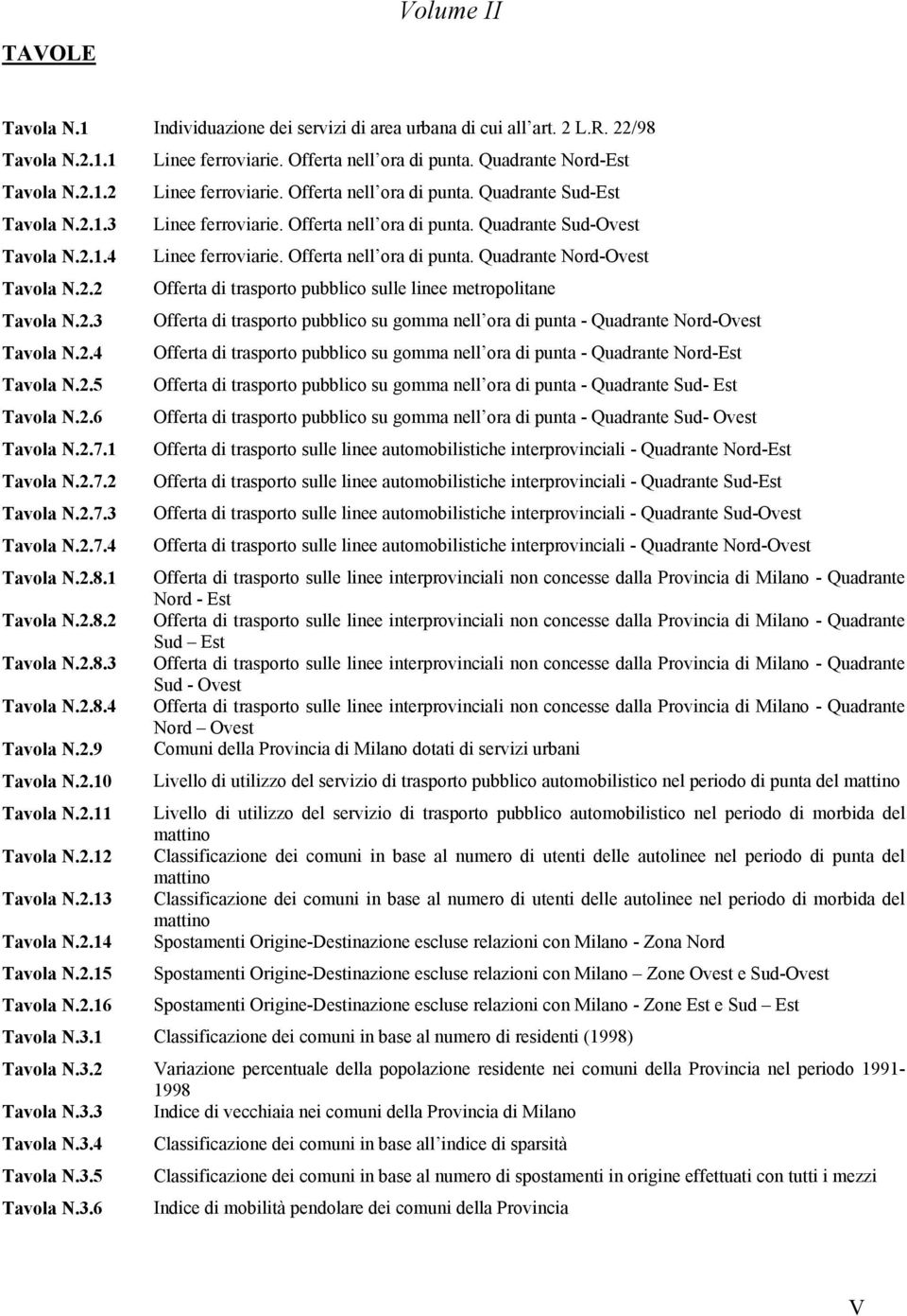 2.2 Offerta di trasporto pubblico sulle linee metropolitane Tavola N.2.3 Offerta di trasporto pubblico su gomma nell ora di punta - Quadrante Nord-Ovest Tavola N.2.4 Offerta di trasporto pubblico su gomma nell ora di punta - Quadrante Nord-Est Tavola N.