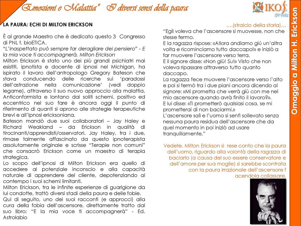 Milton Erickson Milton Erickson è stato uno dei più grandi psichiatri mai esistiti, ipnotista e docente di ipnosi nel Michigan, ha ispirato il lavoro dell antropologo Gregory Bateson che stava