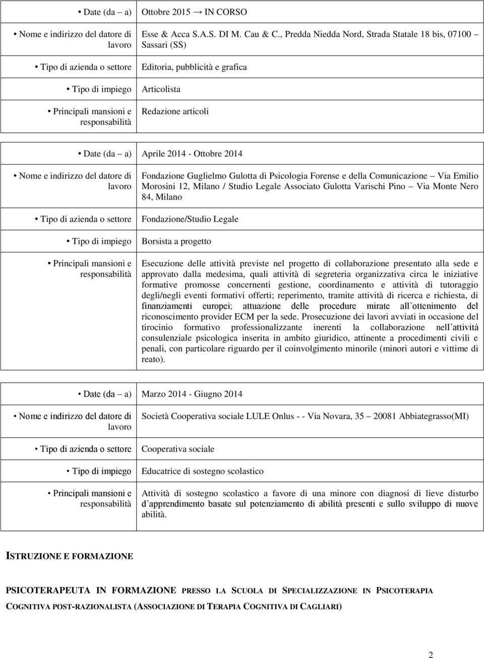 lavoro Tipo di azienda o settore Tipo di impiego Principali mansioni e responsabilità Fondazione Guglielmo Gulotta di Psicologia Forense e della Comunicazione Via Emilio Morosini 12, Milano / Studio