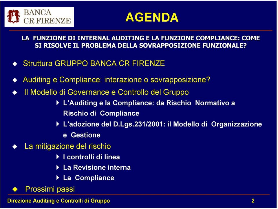 Il Modello di Governance e Controllo del Gruppo L Auditing e la Compliance: da Rischio Normativo a Rischio di Compliance L adozione del