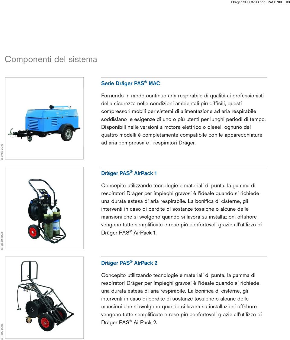 Disponibili nelle versioni a motore elettrico o diesel, ognuno dei quattro modelli è completamente compatibile con le apparecchiature ad aria compressa e i respiratori Dräger.