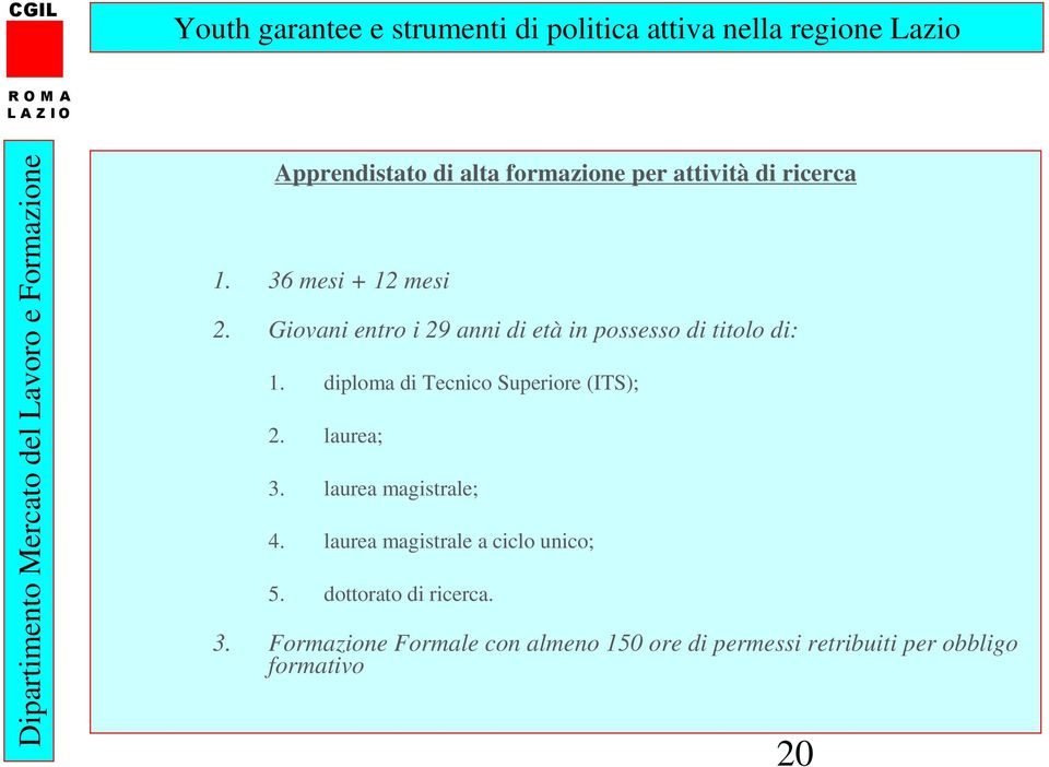 diploma di Tecnico Superiore (ITS); 2. laurea; 3. laurea magistrale; 4.