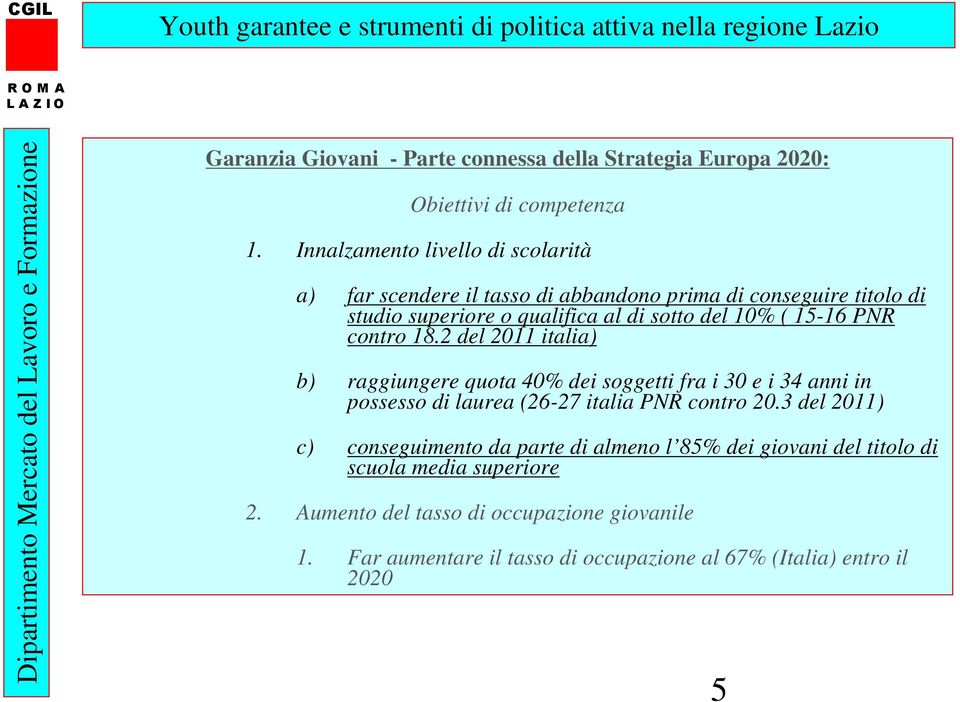 15-16 PNR contro 18.2 del 2011 italia) b) raggiungere quota 40% dei soggetti fra i 30 e i 34 anni in possesso di laurea (26-27 italia PNR contro 20.