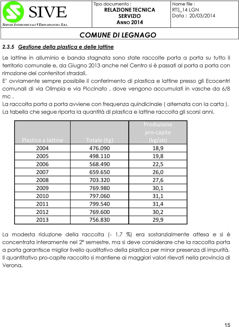 E ovviamente sempre possibile il conferimento di plastica e lattine presso gli Ecocentri comunali di via Olimpia e via Piccinato, dove vengono accumulati in vasche da 6/8 mc.