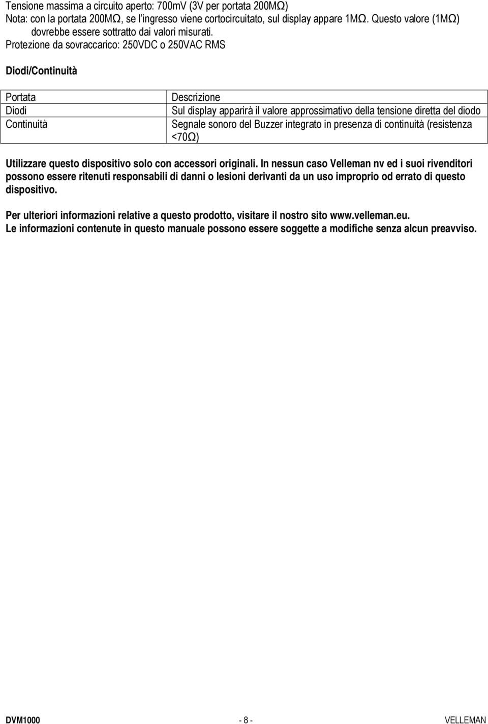 Protezione da sovraccarico: 250VDC o 250VAC RMS Diodi/Continuità Portata Diodi Continuità Descrizione Sul display apparirà il valore approssimativo della tensione diretta del diodo Segnale sonoro del