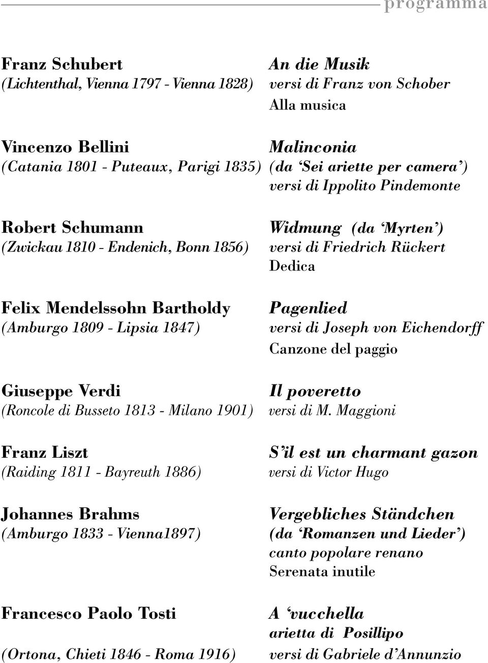 Milano 1901) Franz Liszt (Raiding 1811 - Bayreuth 1886) Johannes Brahms (Amburgo 1833 - Vienna1897) Francesco Paolo Tosti (Ortona, Chieti 1846 - Roma 1916) Widmung (da Myrten ) versi di Friedrich