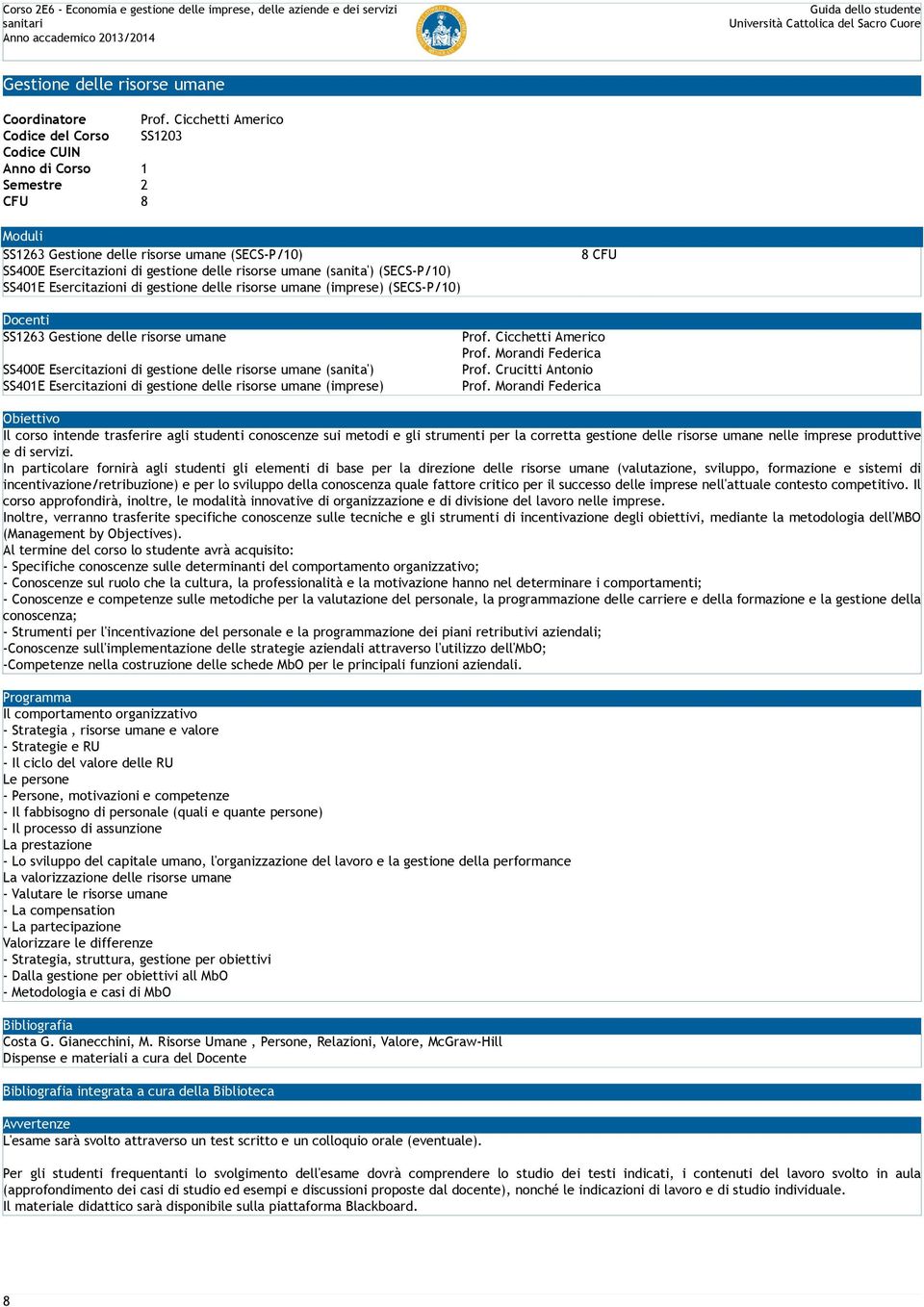 Esercitazioni di gestione delle risorse umane (imprese) (SECS-P/10) SS1263 Gestione delle risorse umane SS400E Esercitazioni di gestione delle risorse umane (sanita') SS401E Esercitazioni di gestione