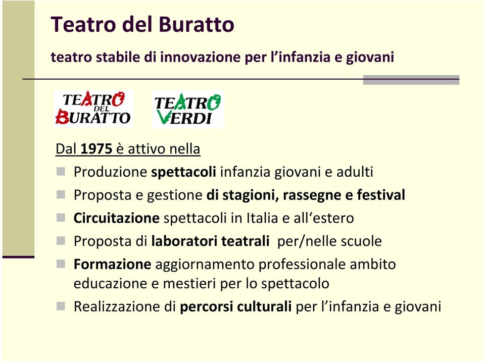 spettacoli in Italia e all estero Proposta di laboratori teatrali per/nelle scuole Formazione aggiornamento