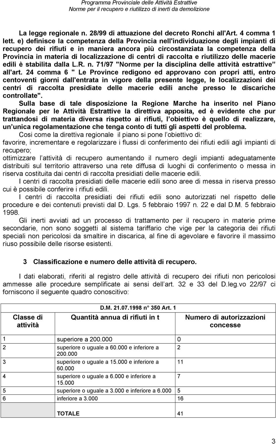 di centri di raccolta e riutilizzo delle macerie edili è stabilita dalla L.R. n. 71/97 "Norme per la disciplina delle attività estrattive all'art.