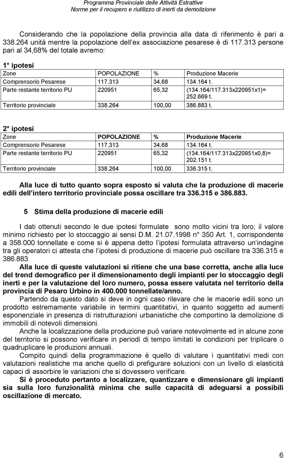 313x220951x1)= 252.669 t. Territorio provinciale 338.264 100,00 386.883 t. 2 ipotesi Zone POPOLAZIONE % Produzione Macerie Comprensorio Pesarese 117.313 34,68 134.164 t.