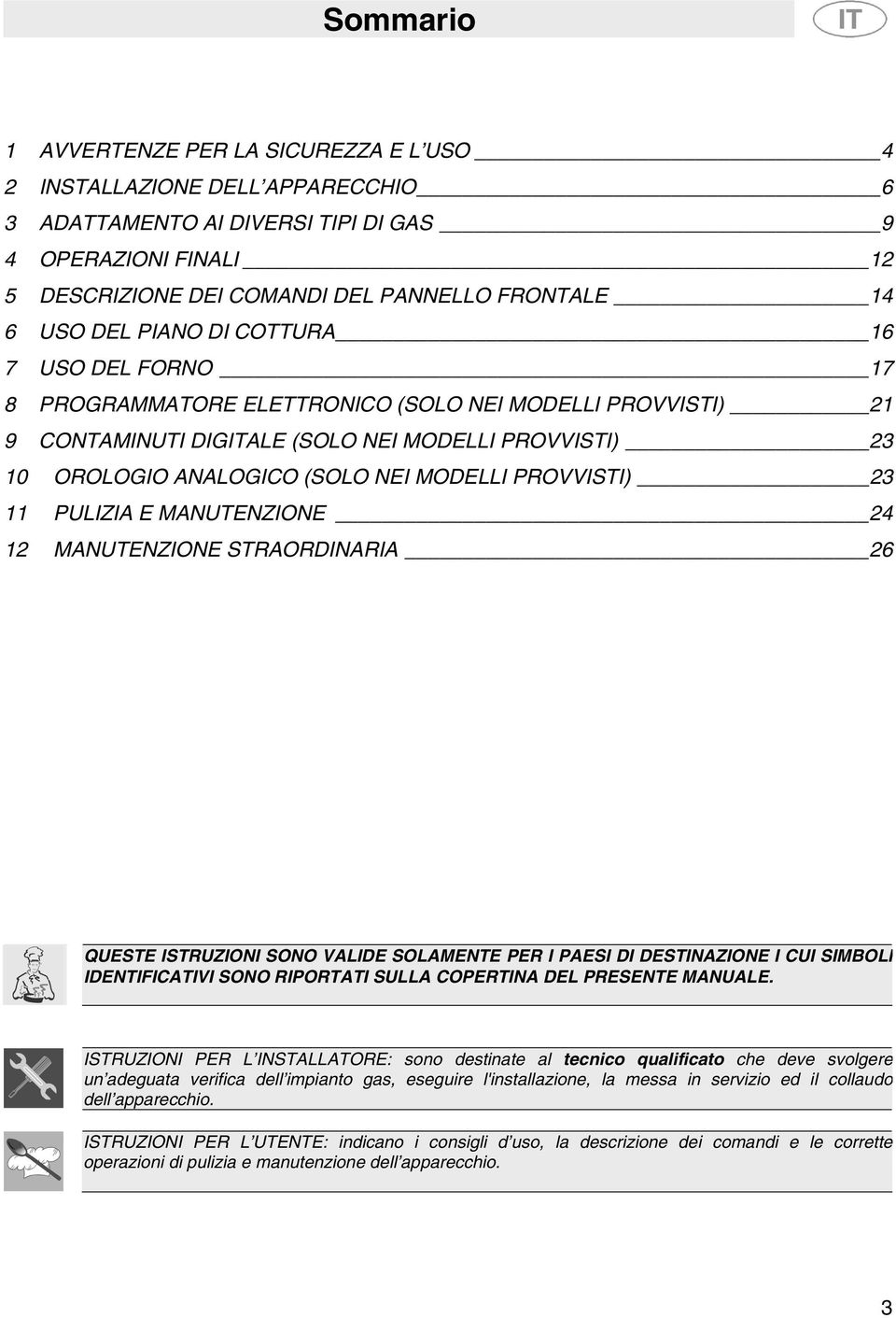 MODELLI PROVVISTI) 23 11 PULIZIA E MANUTENZIONE 24 12 MANUTENZIONE STRAORDINARIA 26 QUESTE ISTRUZIONI SONO VALIDE SOLAMENTE PER I PAESI DI DESTINAZIONE I CUI SIMBOLI IDENTIFICATIVI SONO RIPORTATI