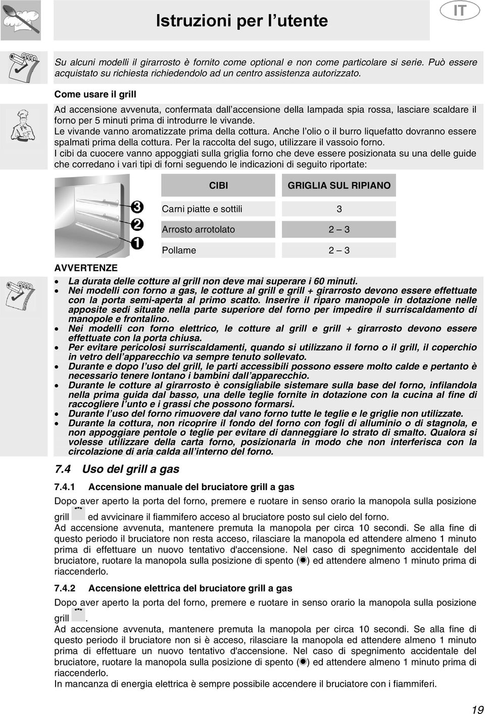 Le vivande vanno aromatizzate prima della cottura. Anche l olio o il burro liquefatto dovranno essere spalmati prima della cottura. Per la raccolta del sugo, utilizzare il vassoio forno.