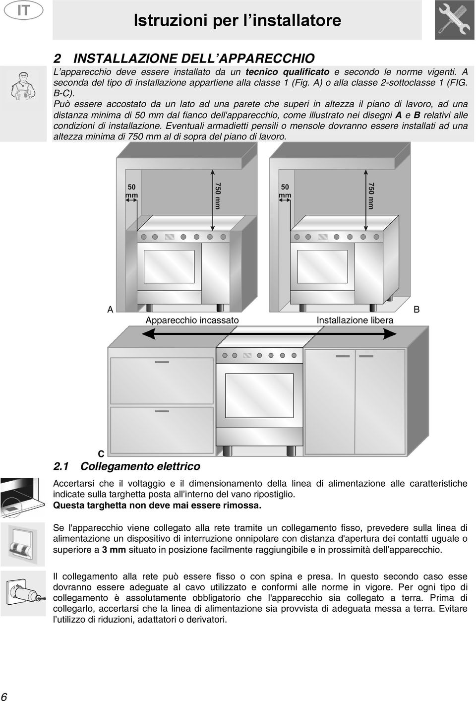 Può essere accostato da un lato ad una parete che superi in altezza il piano di lavoro, ad una distanza minima di 50 mm dal fianco dell'apparecchio, come illustrato nei disegni A e B relativi alle