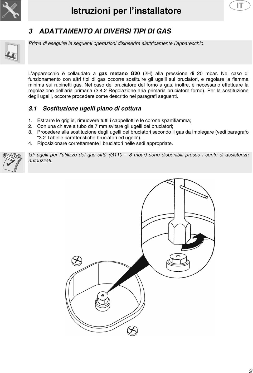 Nel caso di funzionamento con altri tipi di gas occorre sostituire gli ugelli sui bruciatori, e regolare la fiamma minima sui rubinetti gas.