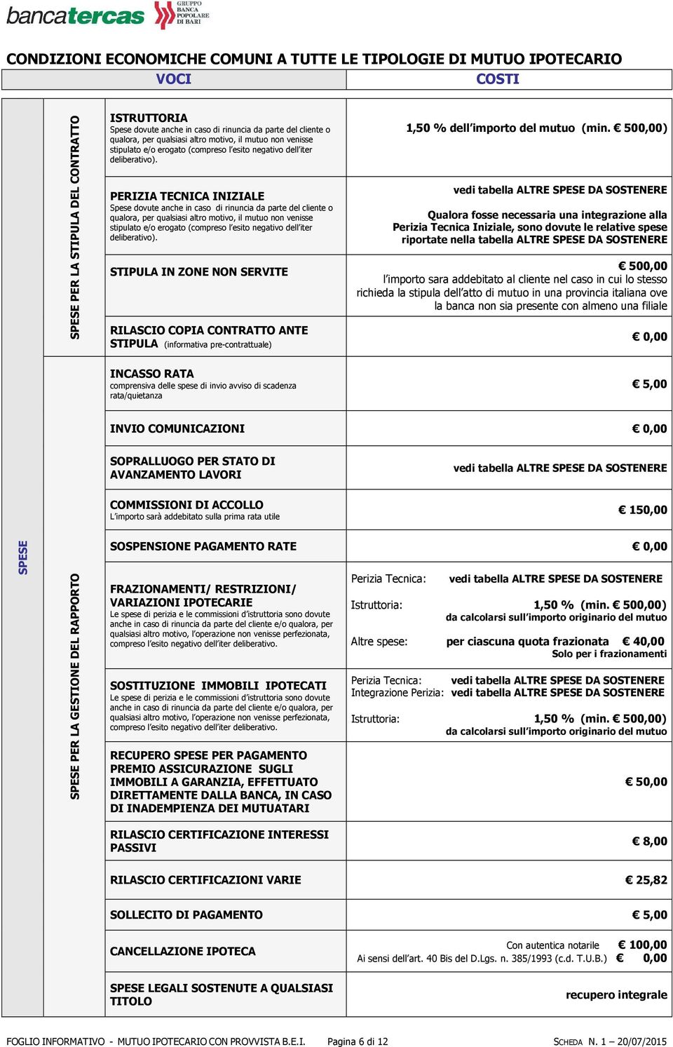 PERIZIA TECNICA INIZIALE Spese dovute anche in caso di rinuncia da parte del cliente o qualora,  STIPULA IN ZONE NON SERVITE RILASCIO COPIA CONTRATTO ANTE STIPULA (informativa pre-contrattuale) 1,50