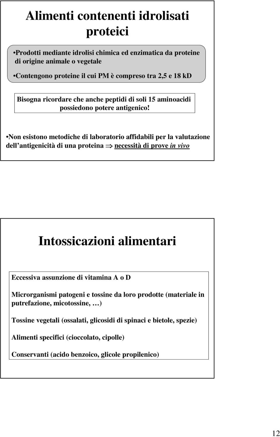 Non esistono metodiche di laboratorio affidabili per la valutazione dell antigenicità di una proteina necessità di prove in vivo Intossicazioni alimentari Eccessiva assunzione di