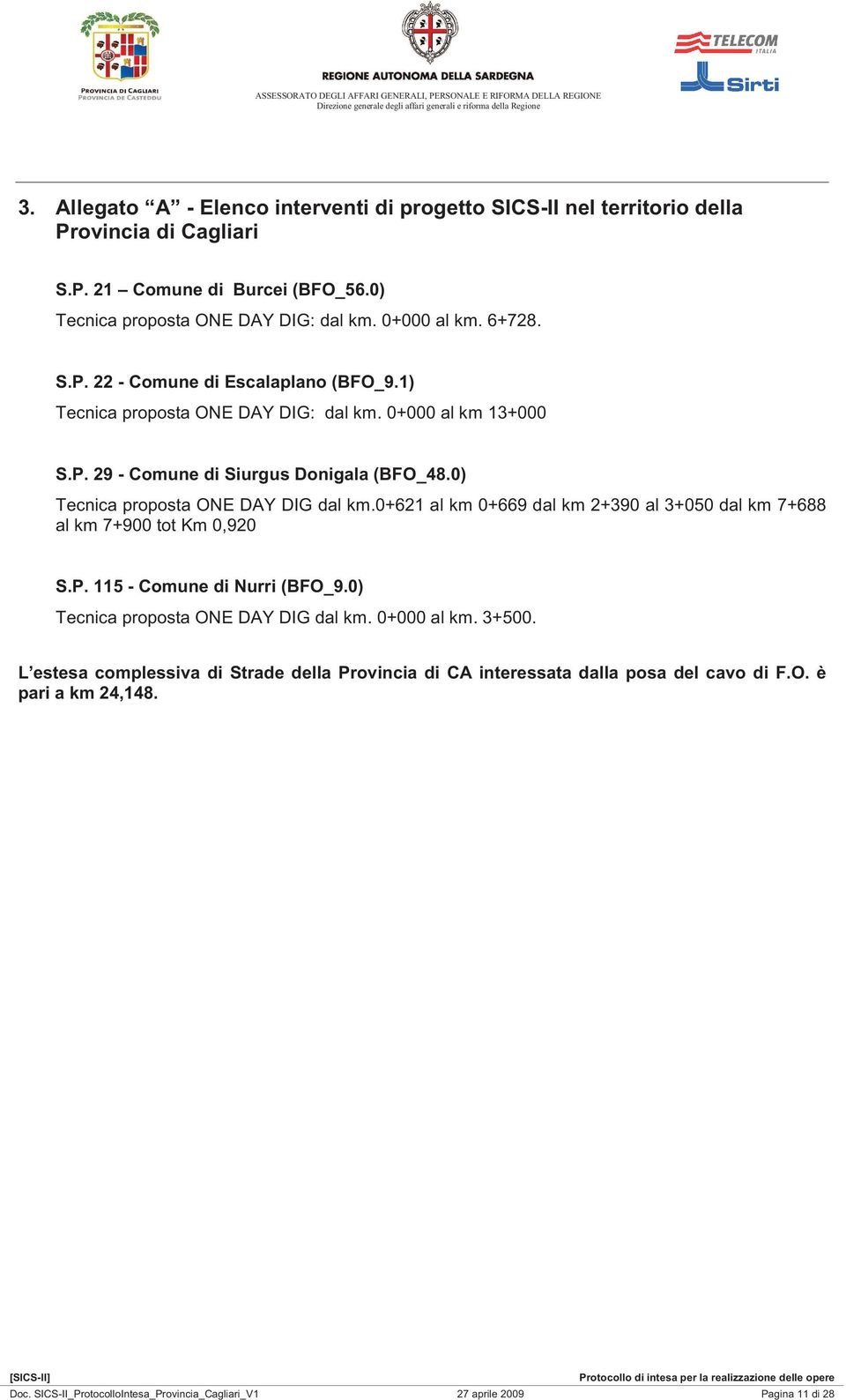 0) Tecnica proposta ONE DAY DIG dal km.0+621 al km 0+669 dal km 2+390 al 3+050 dal km 7+688 al km 7+900 tot Km 0,920 S.P. 115 - Comune di Nurri (BFO_9.