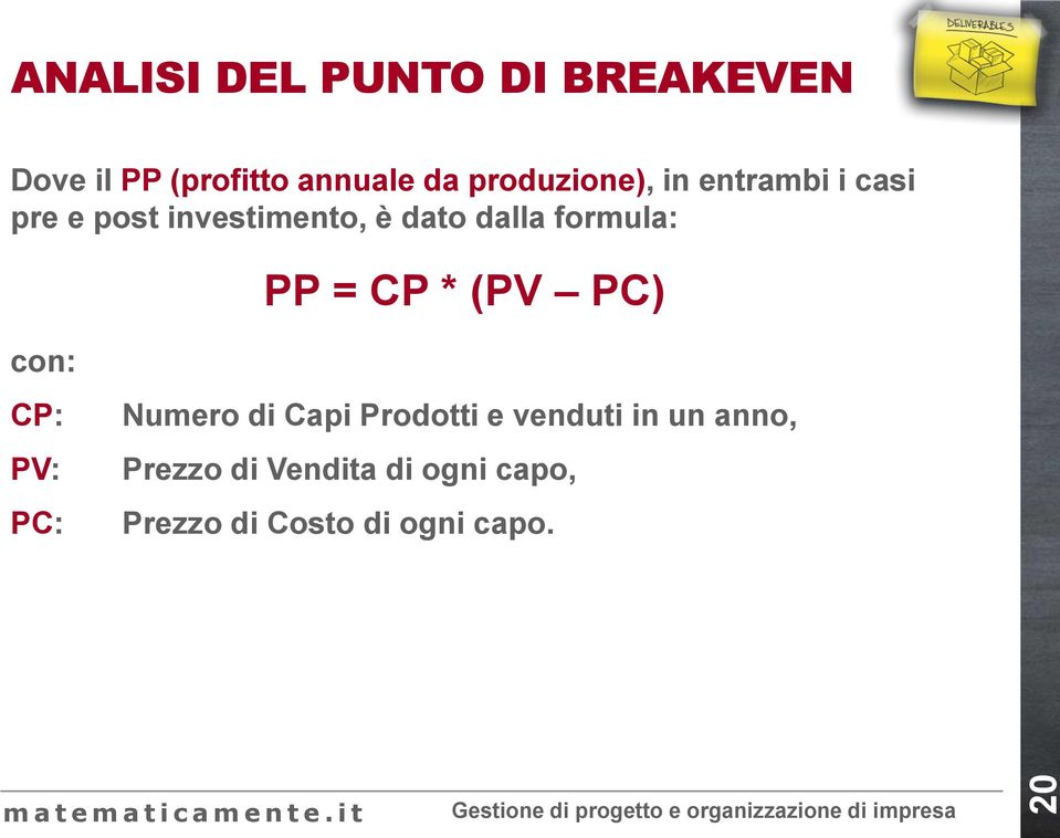 formula: PP = CP * (PV PC) con: CP: PV: PC: Numero di Capi Prodotti e