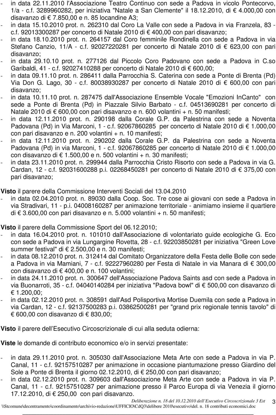 f. 92027220281 per di 623,00 con pari disavanzo; - in data 29.10.10 prot. n. 277126 dal Piccolo Coro Padovano con sede a Padova in C.so Garibaldi, 41 - c.f. 92027410288 per di 600,00; - in data 09.11.