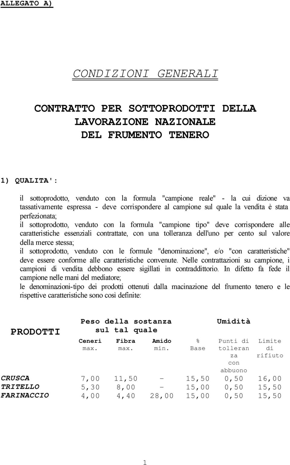 essenziali contrattate, con una tolleranza dell'uno per cento sul valore della merce stessa; il sottoprodotto, venduto con le formule "denominazione", e/o "con caratteristiche" deve essere conforme