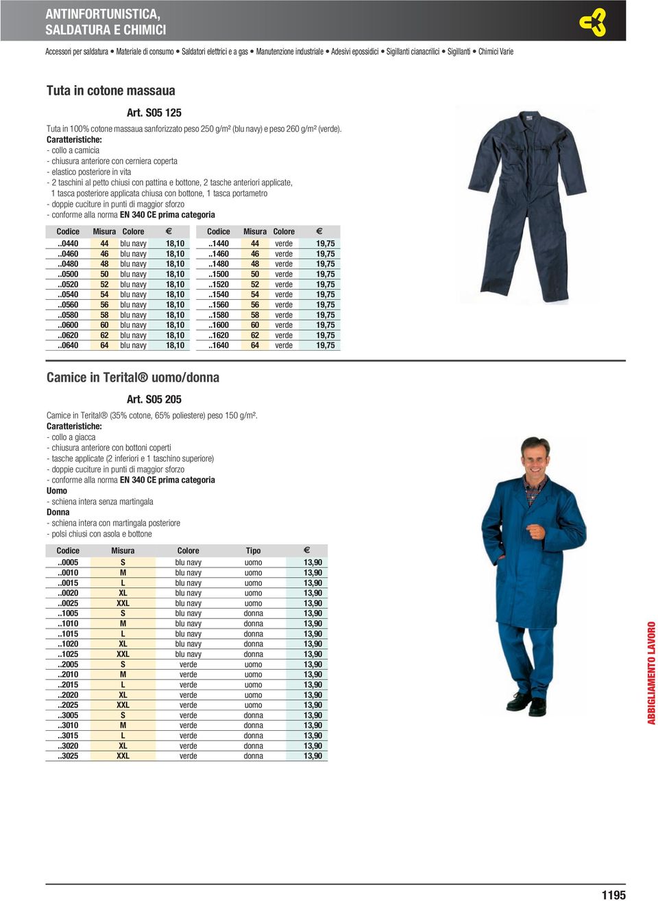 epossidici Sigillanti cianacrilici Sigillanti Chimici Varie Tuta in cotone massaua Art. S05 125 Tuta in 100% cotone massaua sanforizzato peso 250 g/m² (blu navy) e peso 260 g/m² (verde).
