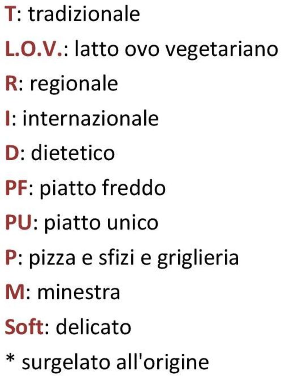 internazionale D: dietetico PF: piatto freddo PU: