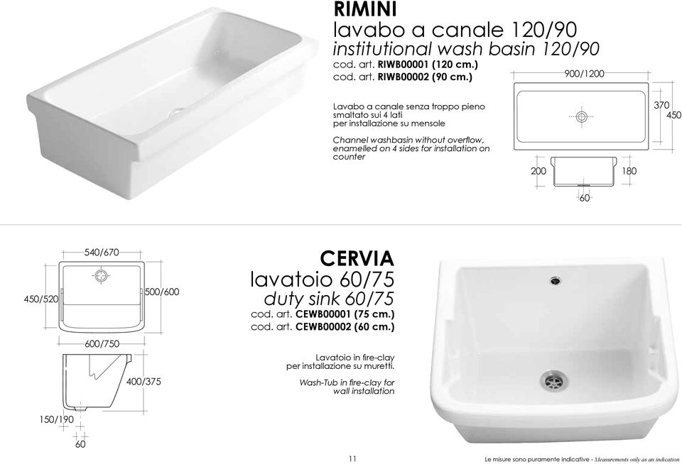 sides for installation on counter 200 180 60 450/520 540/670 500/600 CERVIA lavatoio 60/75 duty sink 60/75 cod. art. CEWB00001 (75 cm.) cod. art. CEWB00002 (60 cm.