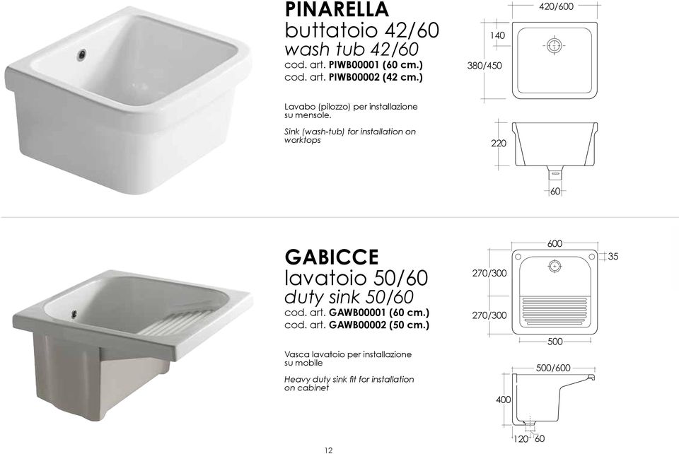 Sink (wash-tub) for installation on worktops 220 60 GABICCE lavatoio 50/60 duty sink 50/60 cod. art.