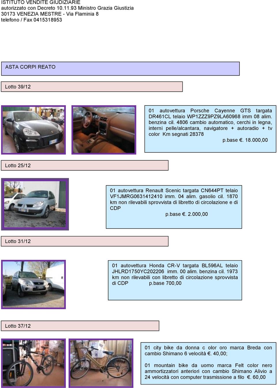 000,00 Lotto 25/12 01 autovettura Renault Scenic targata CN644PT telaio VF1JMRG0631412410 imm. 04 alim. gasolio cil. 1870 km non rilevabili sprovvista di libretto di circolazione e di CDP p.base. 2.000,00 Lotto 31/12 01 autovettura Honda CR-V targata BL596AL telaio JHLRD1750YC202206 imm.