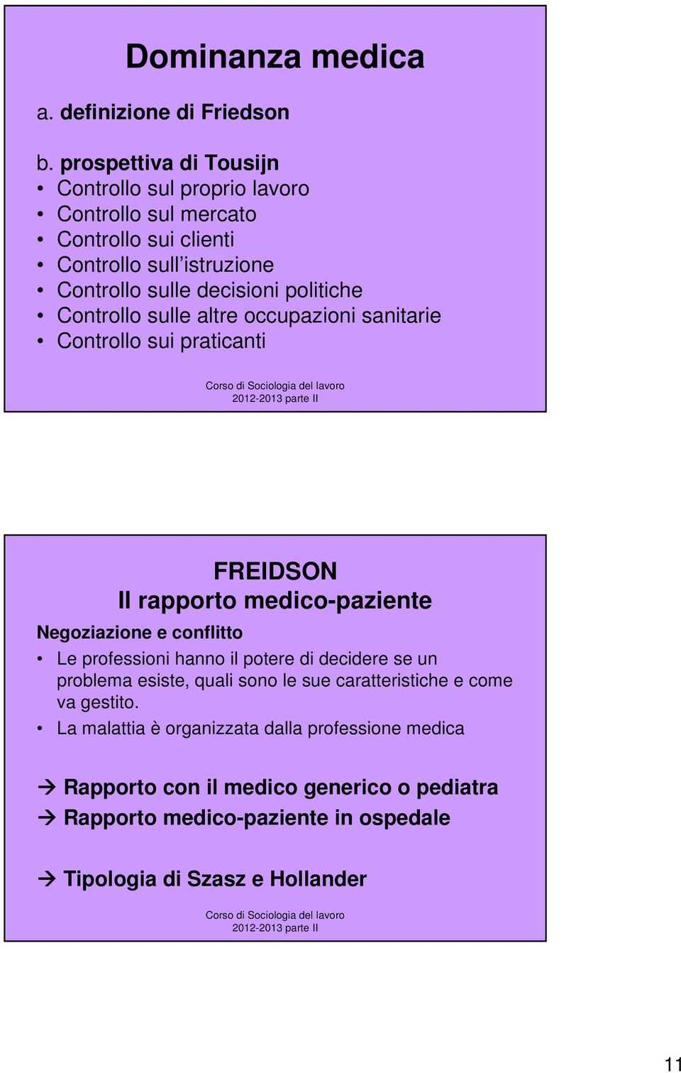 politiche Controllo sulle altre occupazioni sanitarie Controllo sui praticanti FREIDSON Il rapporto medico-paziente Negoziazione e conflitto Le