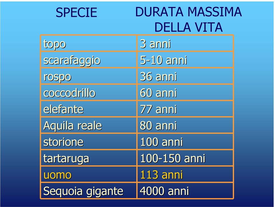 DURATA MASSIMA DELLA VITA 3 anni 5-10 anni 36 anni 60