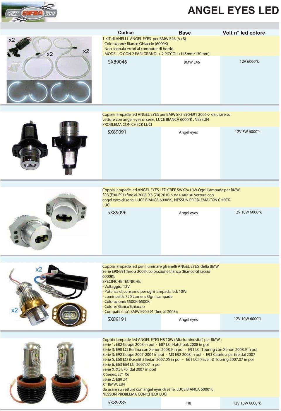 K, NESSUN PROBLEMA CON CHECK LUCI SX89091 Angel eyes 12V 3W 6000 k Coppia lampade led ANGEL EYES LED CREE 5WX2=10W Ogni Lampada per BMW SR3 (E90-E91) fino al 2008 X5 (70) 2010-> da usare su vetture