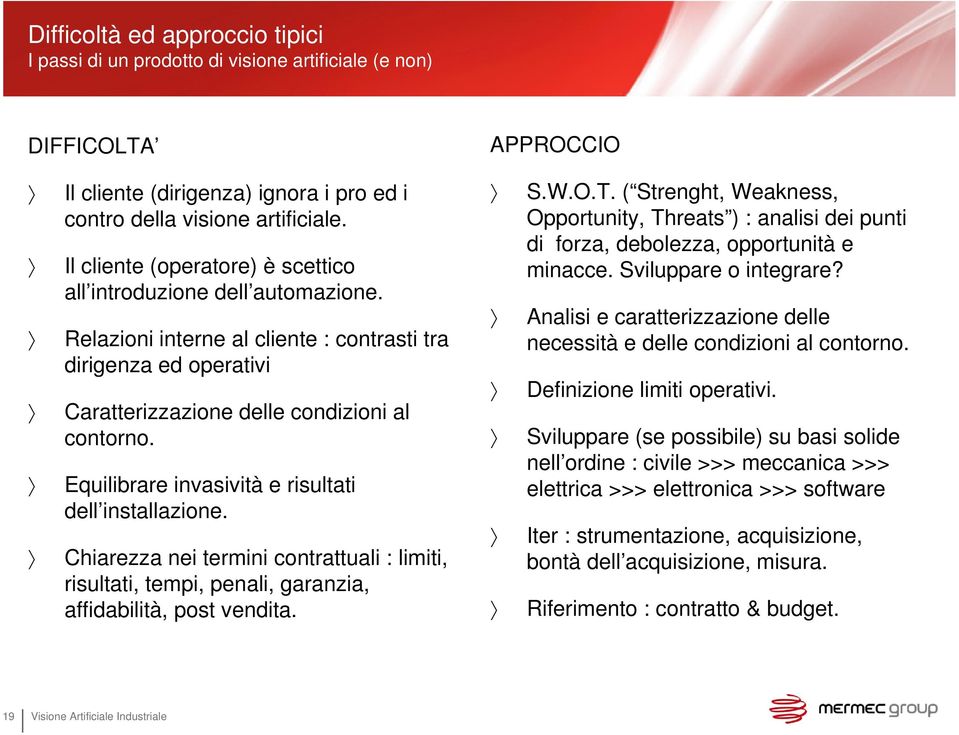 Equilibrare invasività e risultati dell installazione. Chiarezza nei termini i contrattuali tt : limiti, iti risultati, tempi, penali, garanzia, affidabilità, post vendita. APPROCCIO SWOT 