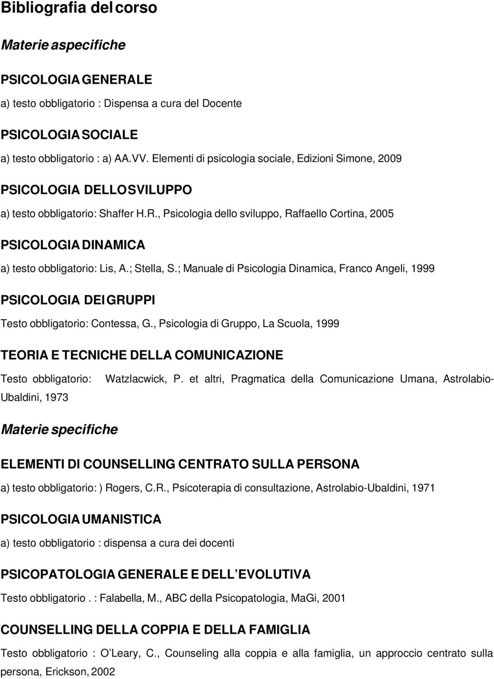 , Psicologia dello sviluppo, Raffaello Cortina, 2005 PSICOLOGIA DINAMICA a) testo obbligatorio: Lis, A.; Stella, S.