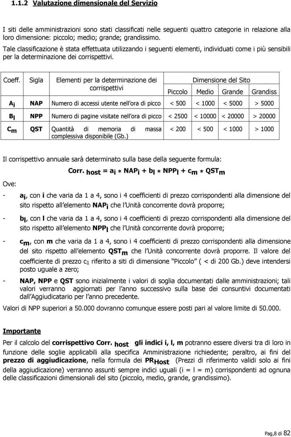 Sigla Elementi per la determinazione dei corrispettivi Dimensione del Sito Piccolo Medio Grande Grandiss A i NAP Numero di accessi utente nell ora di picco < 500 < 1000 < 5000 > 5000 B l NPP Numero