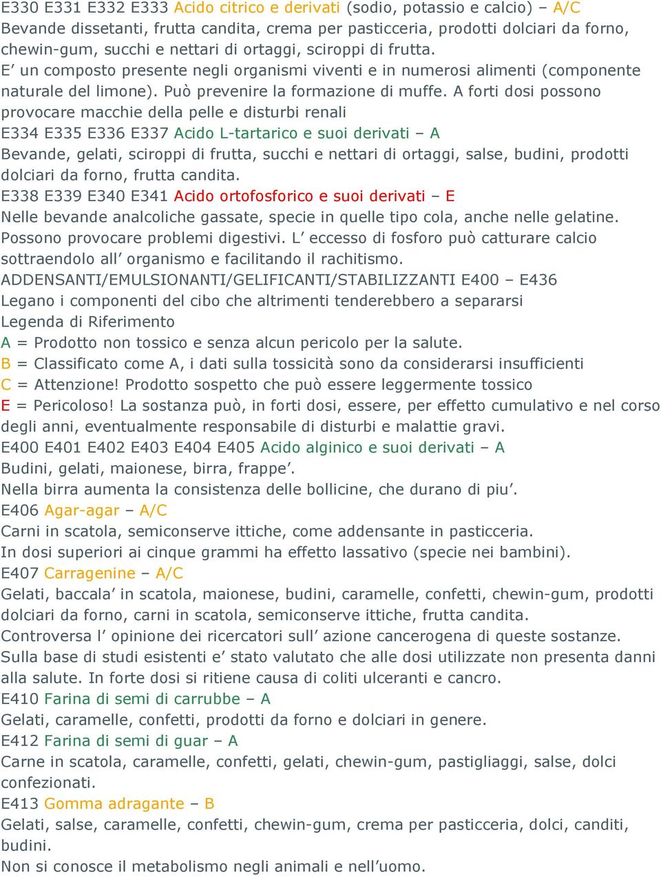 A forti dosi possono provocare macchie della pelle e disturbi renali E334 E335 E336 E337 Acido L-tartarico e suoi derivati A Bevande, gelati, sciroppi di frutta, succhi e nettari di ortaggi, salse,