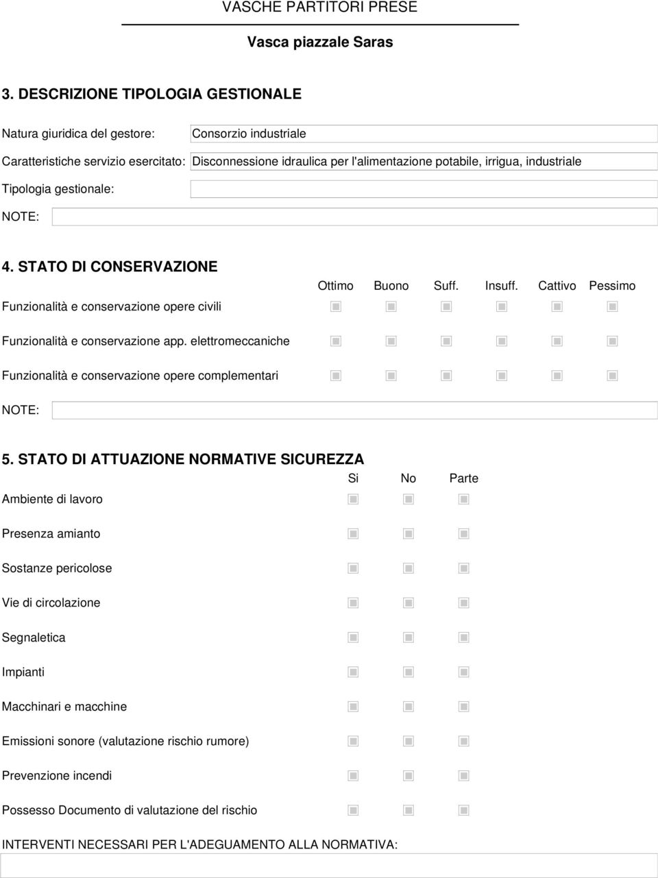 Tipologia gestionale: 4. STATO DI CONSERVAZIONE Funzionalità e conservazione opere civili Ottimo Buono Suff. Insuff. Cattivo Pessimo Funzionalità e conservazione app.