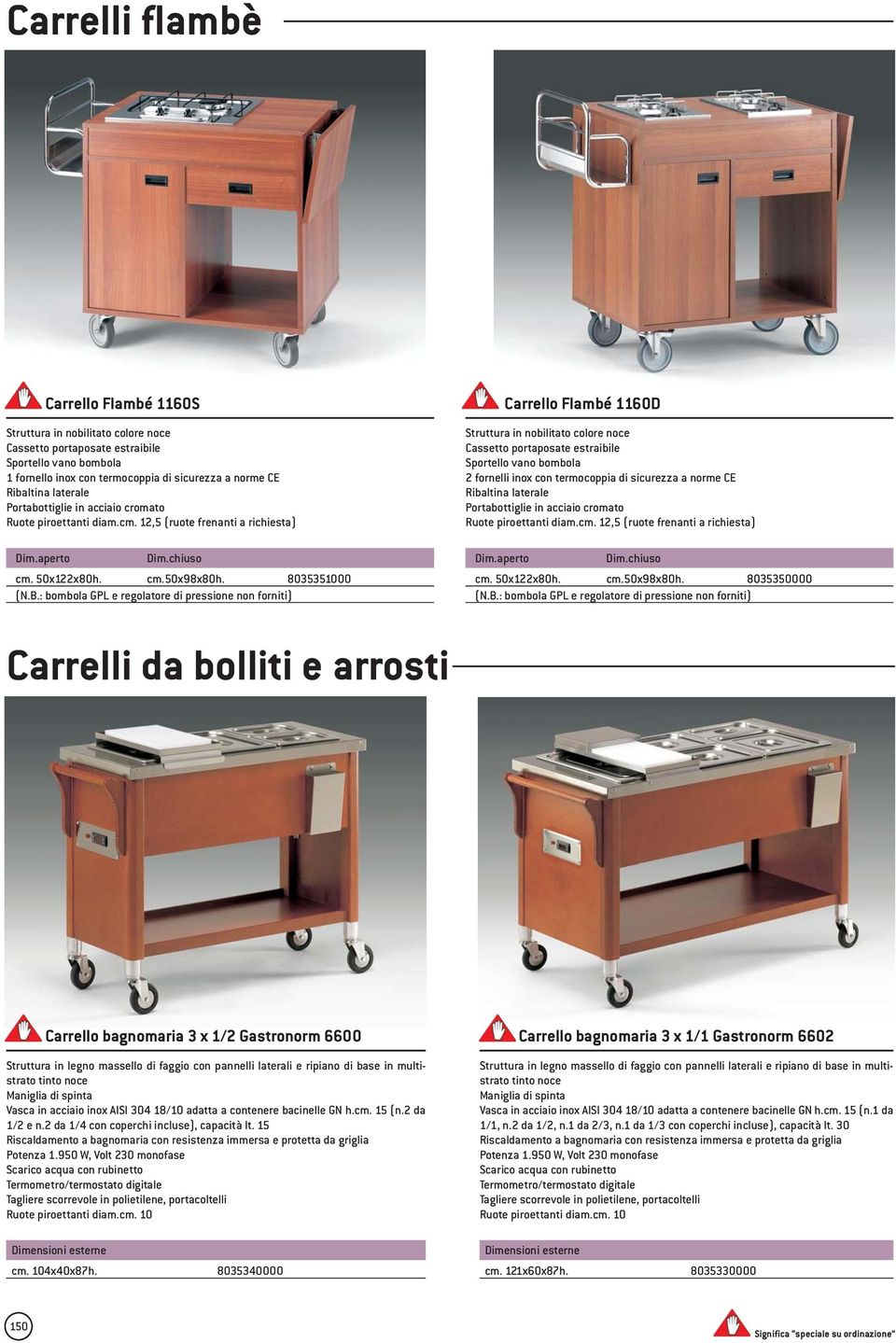 : bombola GPL e regolatore di pressione non forniti) Carrello Flambé 1160D Struttura in nobilitato colore noce Cassetto portaposate estraibile Sportello vano bombola 2 fornelli inox con termocoppia