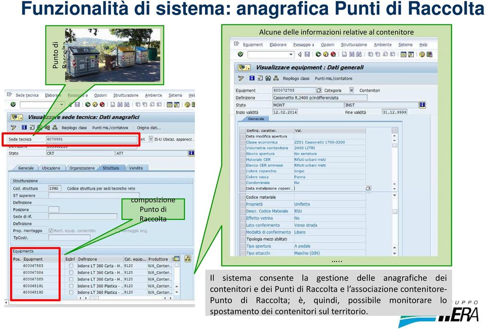 delle anagrafiche dei contenitori e dei Punti di Raccolta e l associazione contenitore-