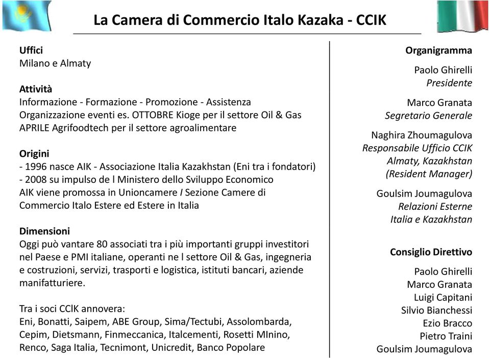 dello Sviluppo Economico AIK viene promossa in Unioncamere I Sezione Camere di Commercio Italo Estere ed Estere in Italia Dimensioni i i Oggi può vantare 80 associati tra i più importanti gruppi